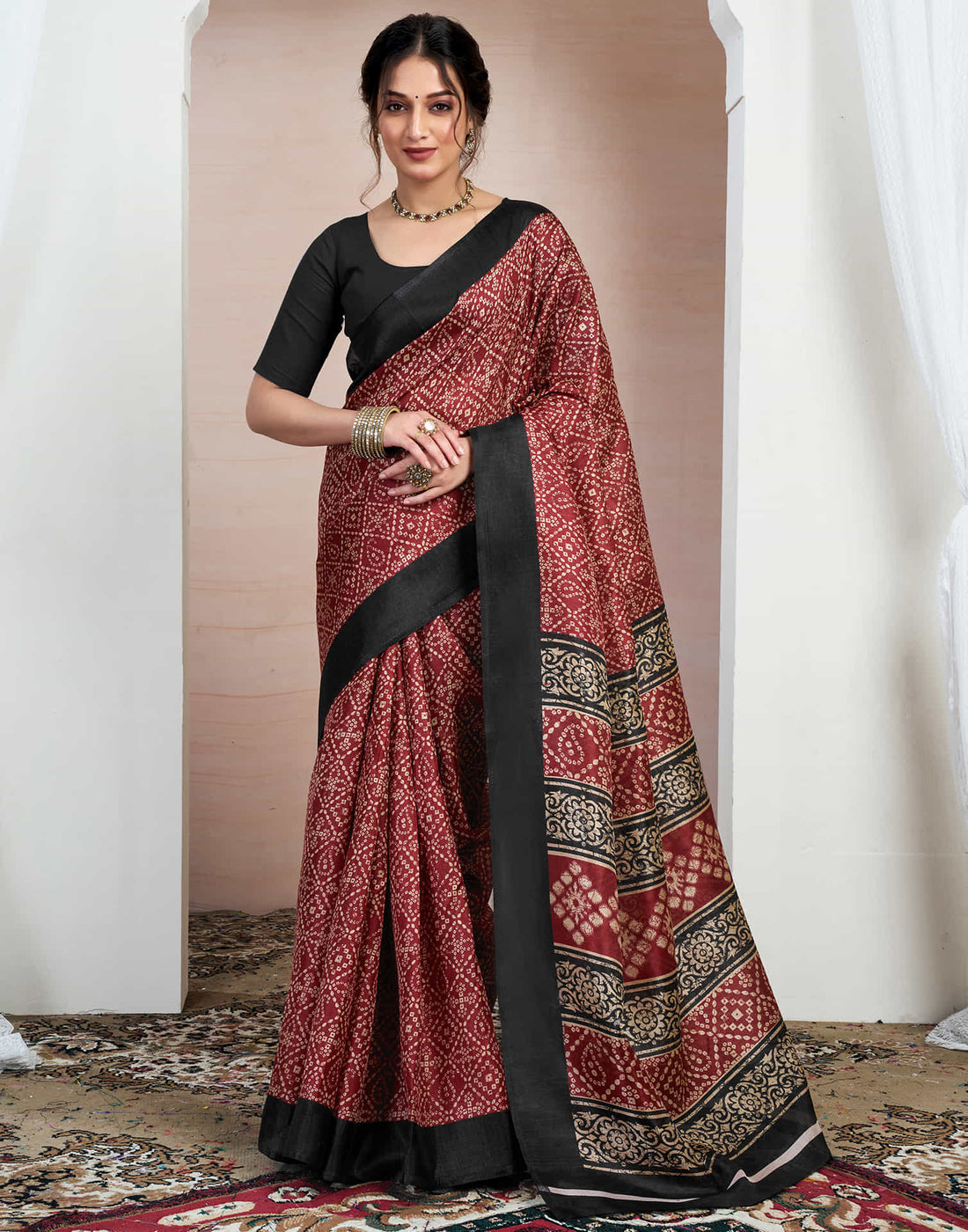 Maroon Bhagalpuri Silk Printed Saree