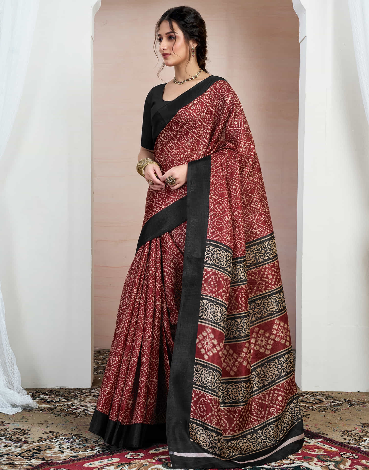 Maroon Bhagalpuri Silk Printed Saree