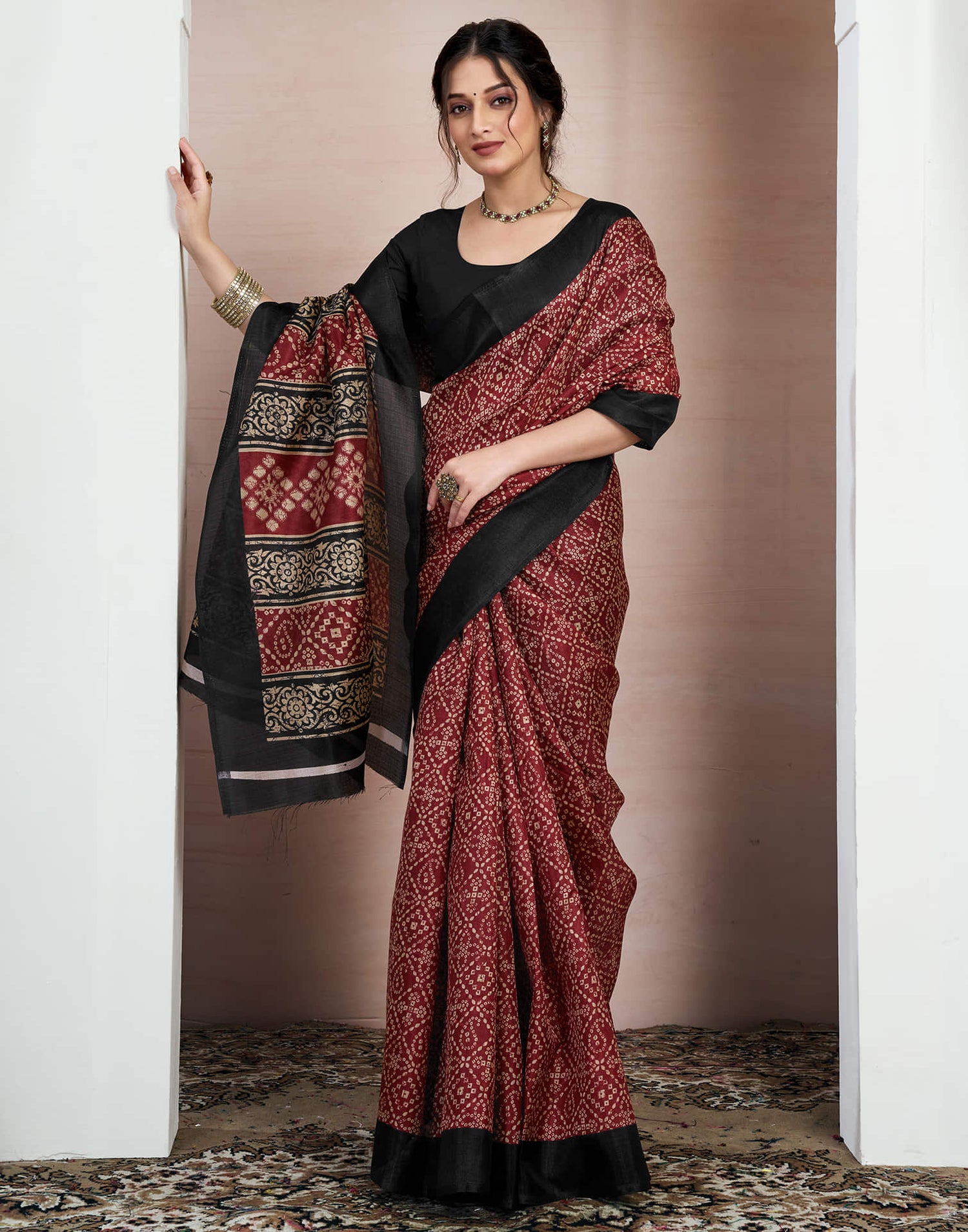 Maroon Bhagalpuri Silk Printed Saree