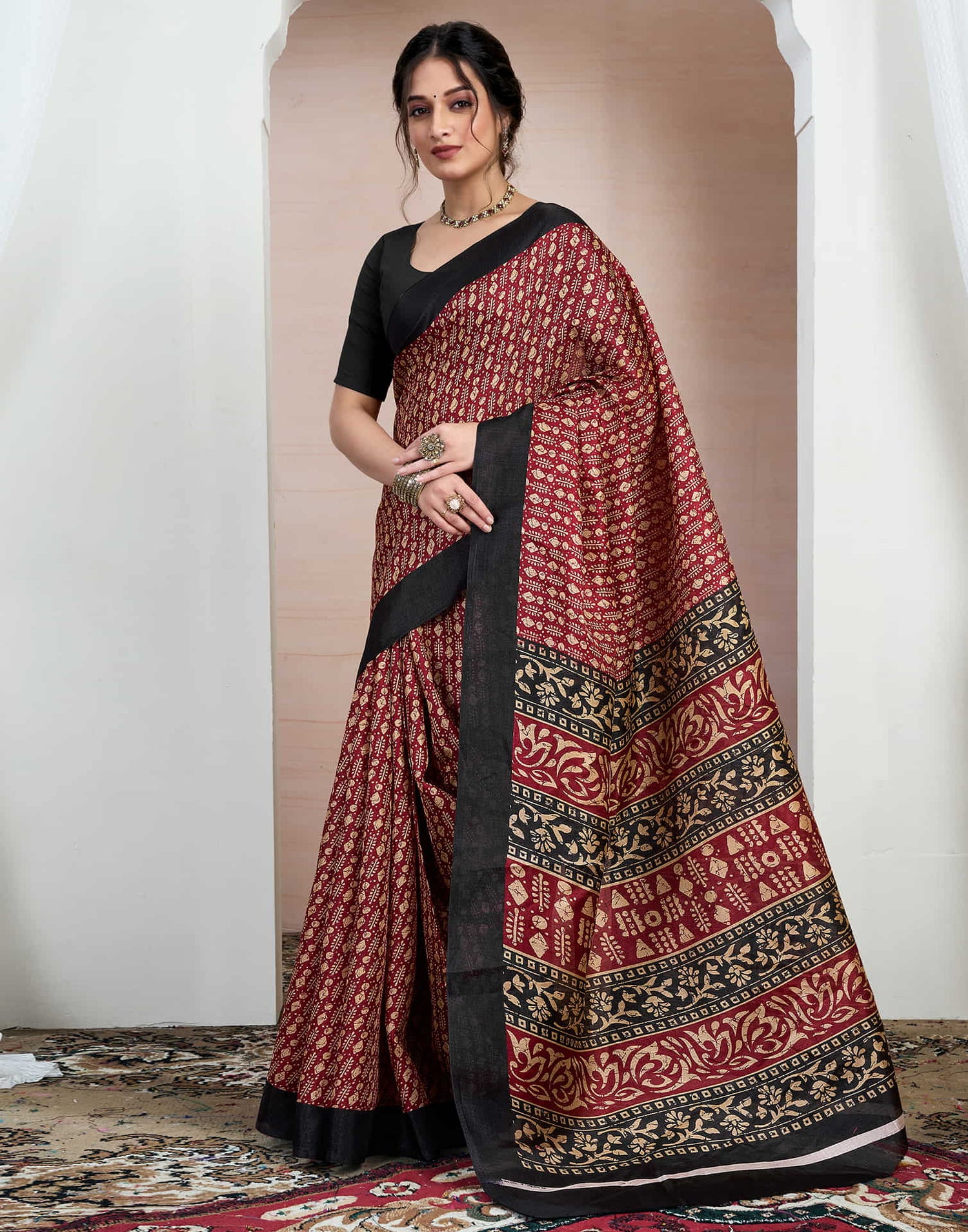 Maroon Bhagalpuri Silk Printed Saree