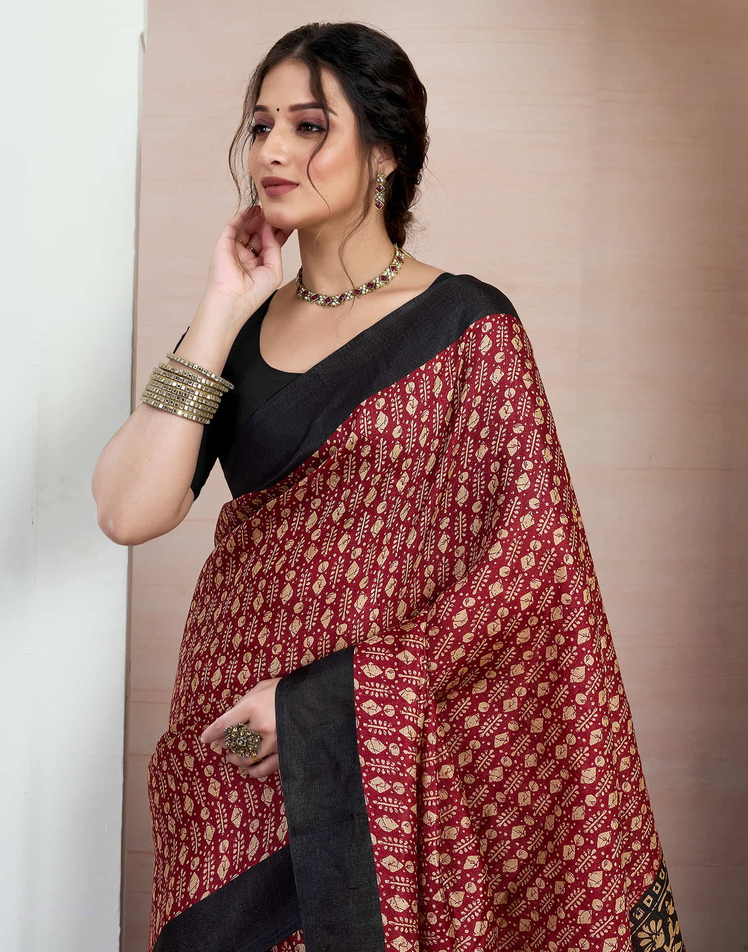 Maroon Bhagalpuri Silk Printed Saree