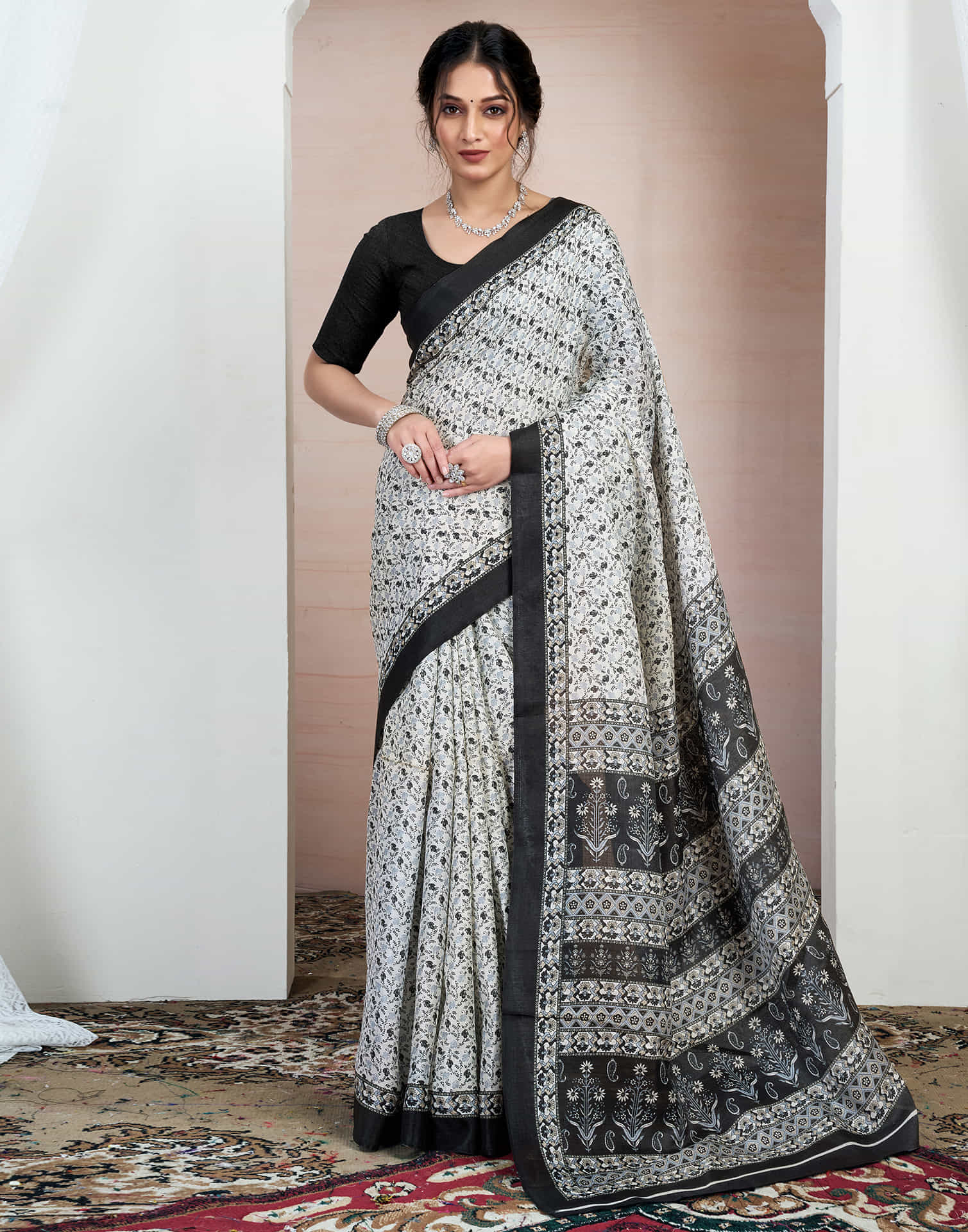 White Bhagalpuri Silk Printed Saree