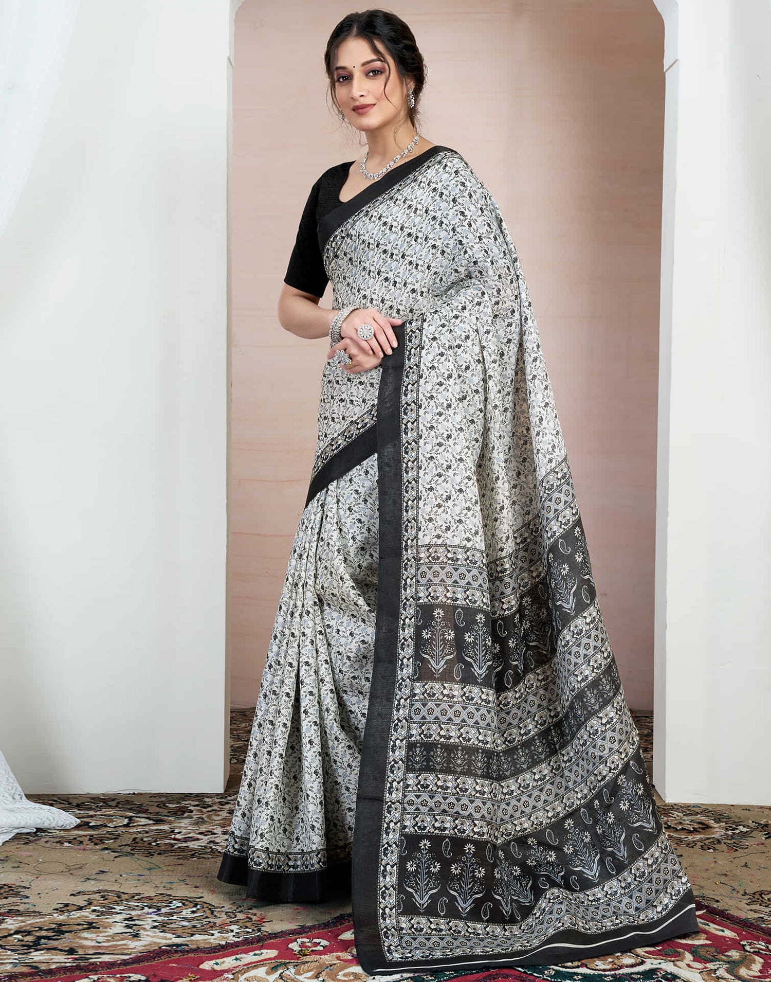 White Bhagalpuri Silk Printed Saree