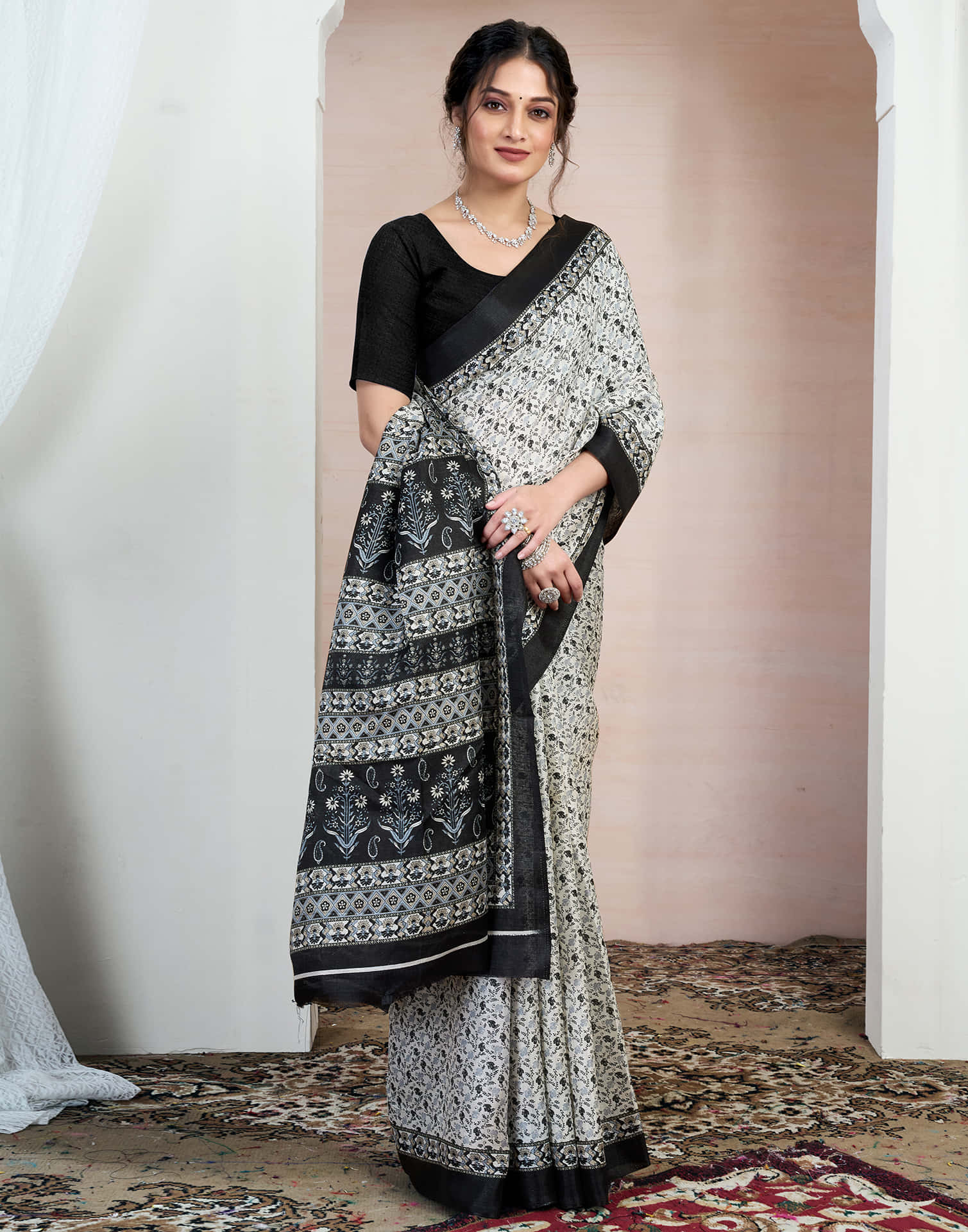 White Bhagalpuri Silk Printed Saree