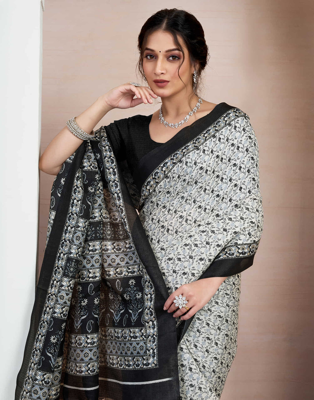 White Bhagalpuri Silk Printed Saree