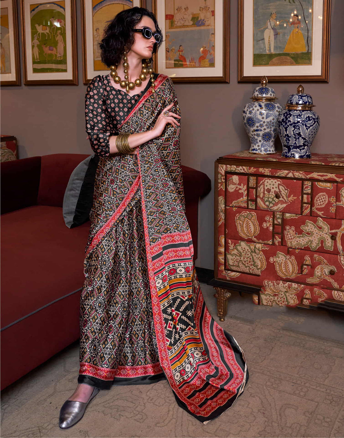 Black Satin Ikkat Printed Saree