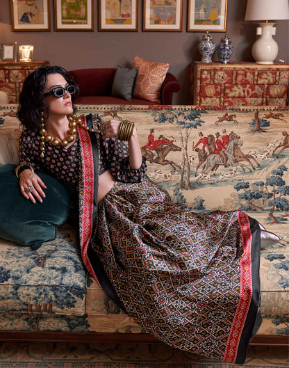 Black Satin Ikkat Printed Saree
