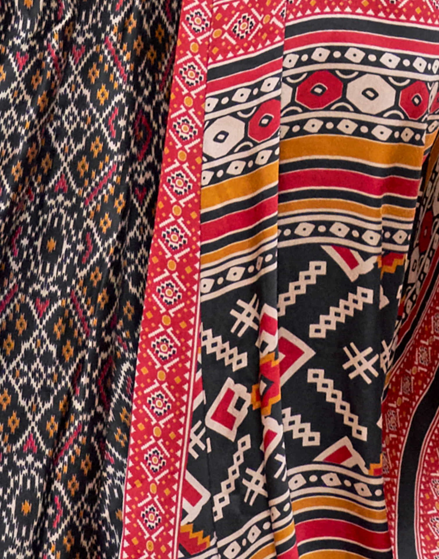 Black Satin Ikkat Printed Saree