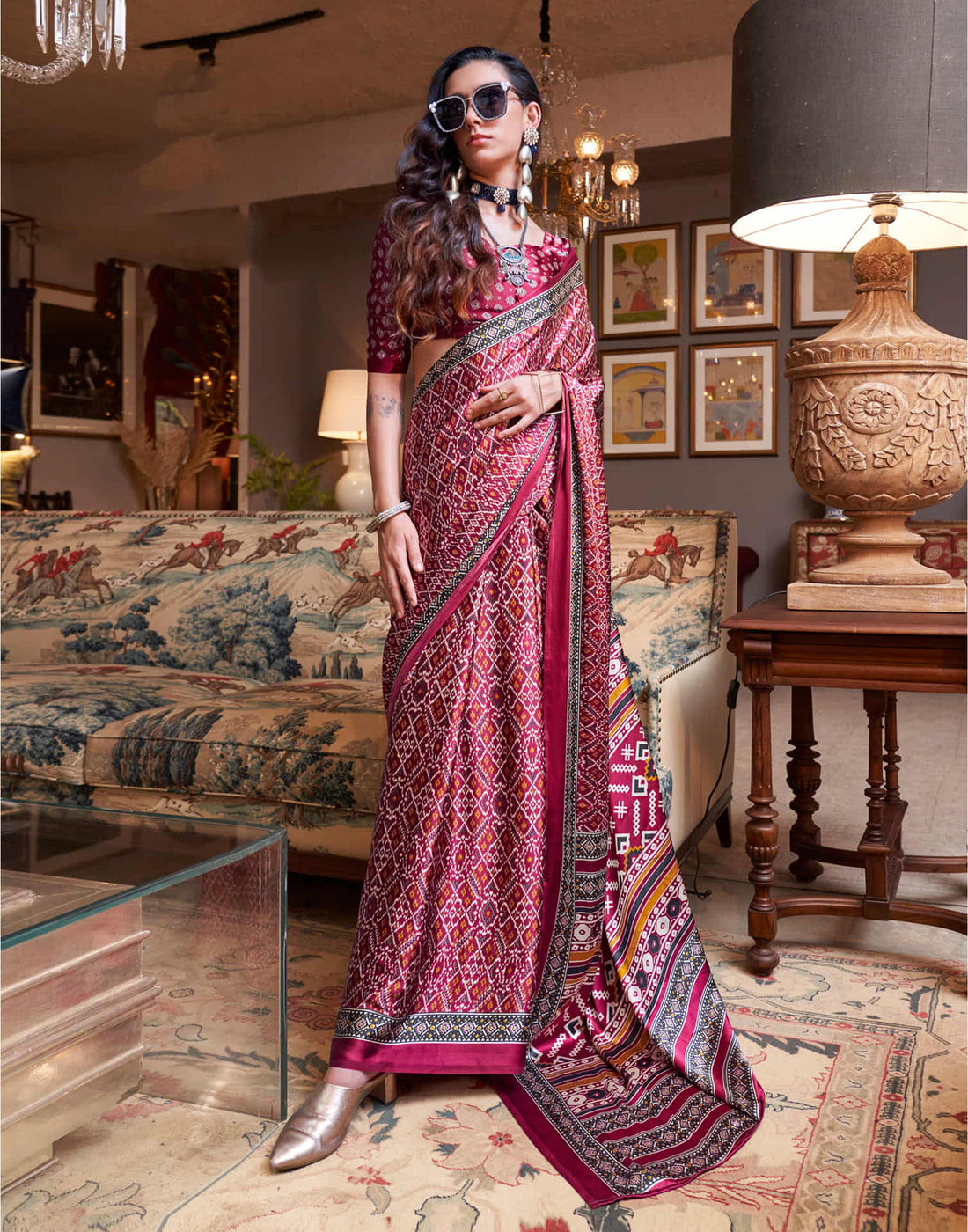 Maroon Satin Ikkat Printed Saree