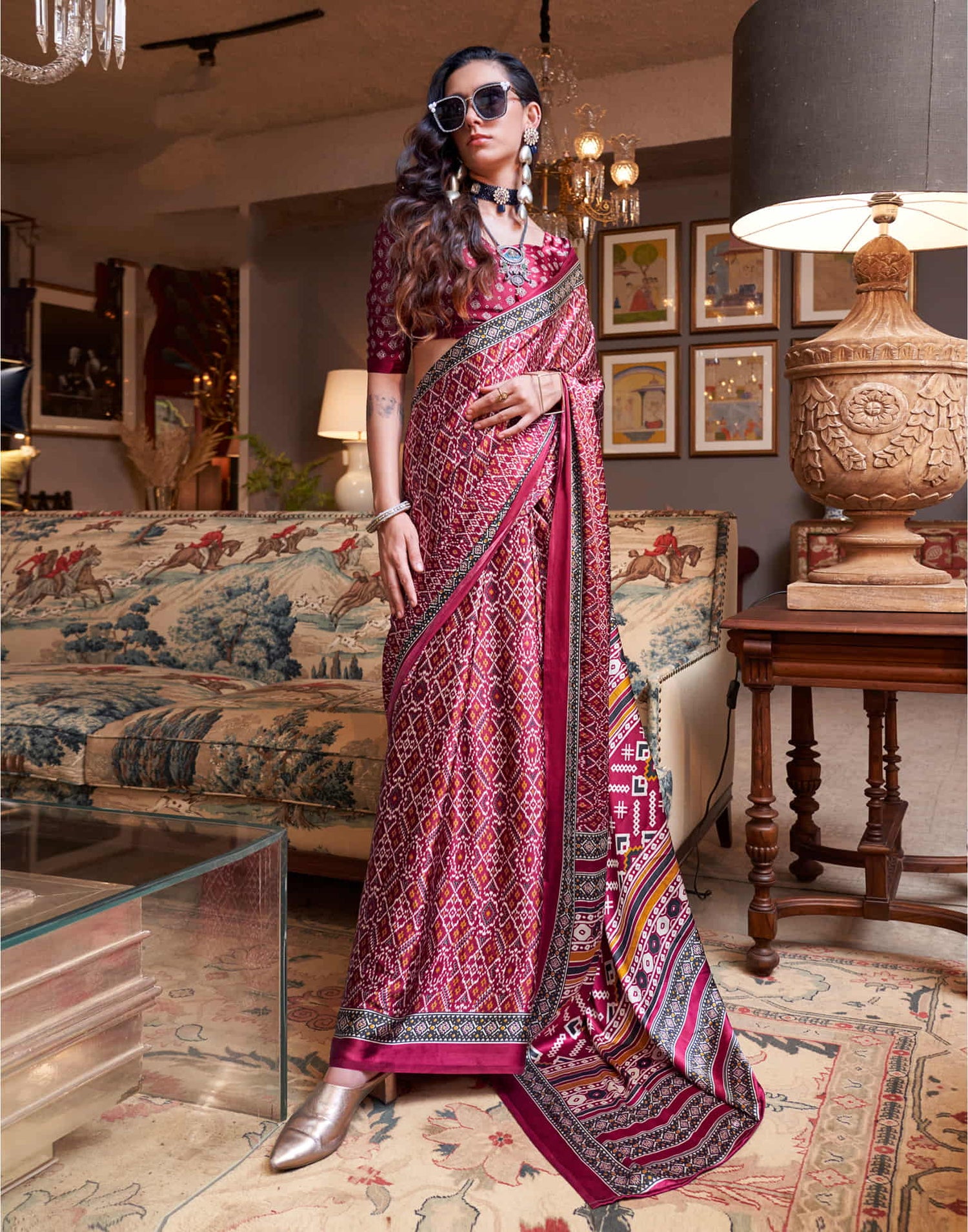 Maroon Satin Ikkat Printed Saree