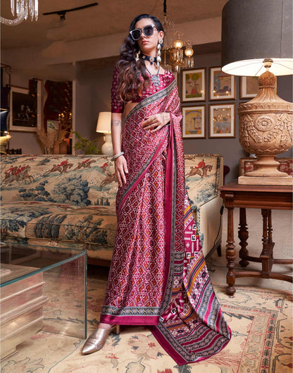 Maroon Satin Ikkat Printed Saree