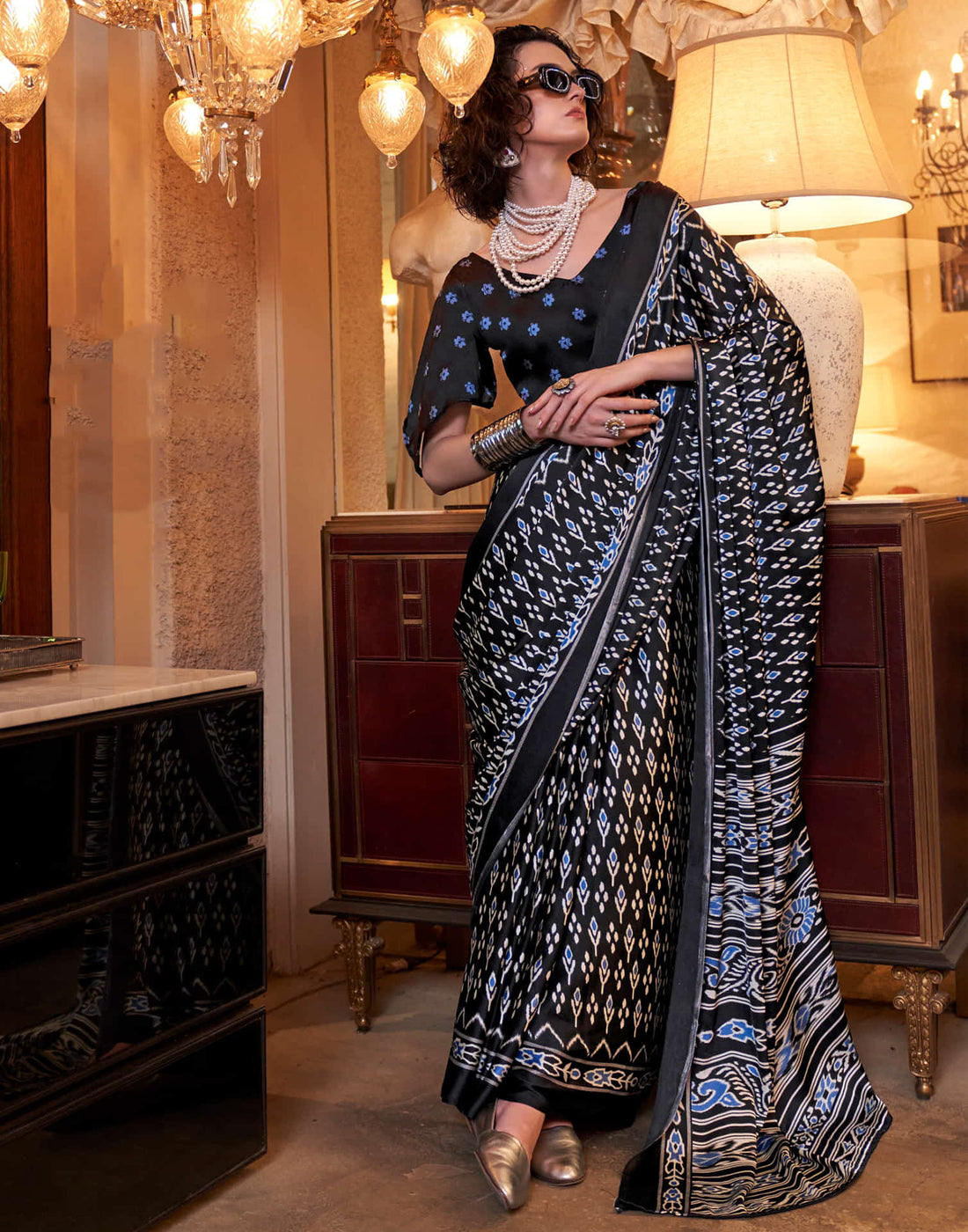 Black Satin Ikkat Printed Saree