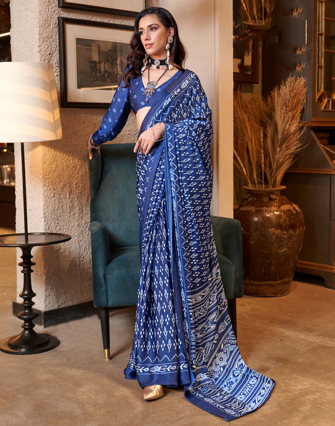 Dark Blue Satin Ikkat Printed Saree