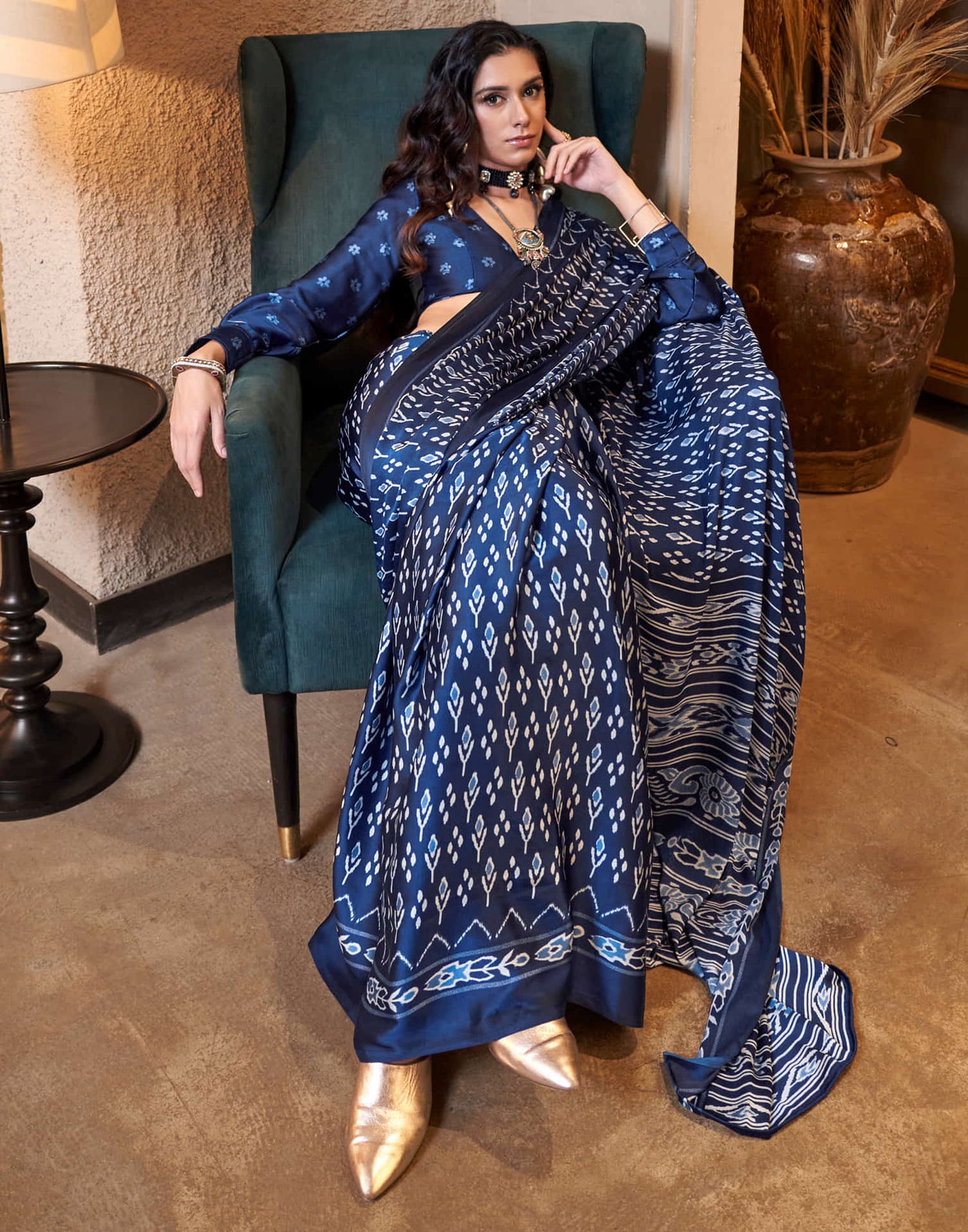 Dark Blue Satin Ikkat Printed Saree