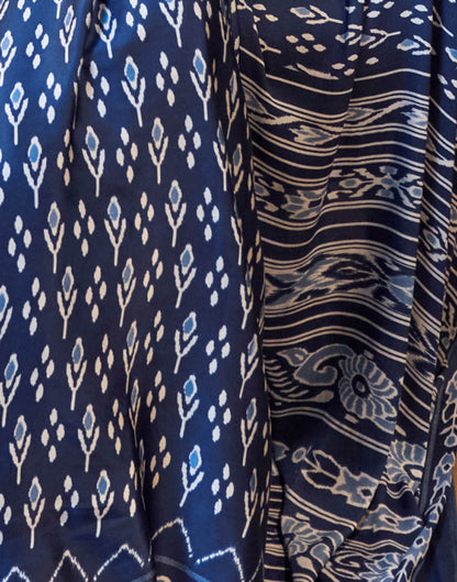Dark Blue Satin Ikkat Printed Saree