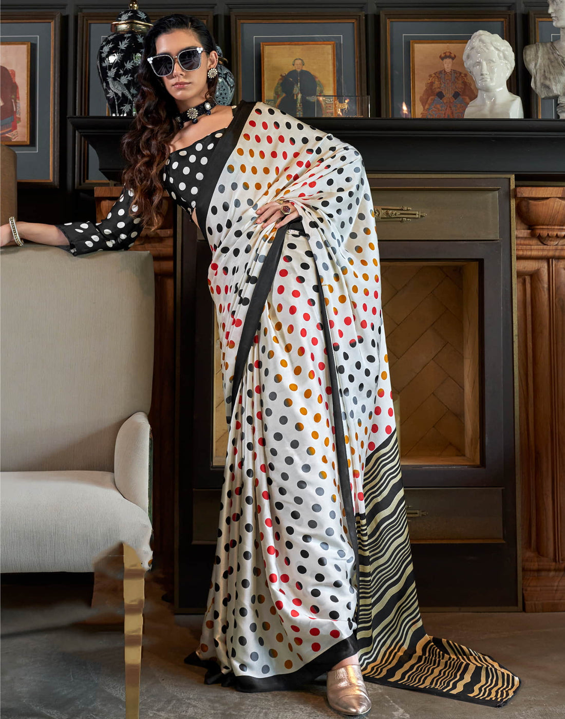 White Satin Polka Printed Saree