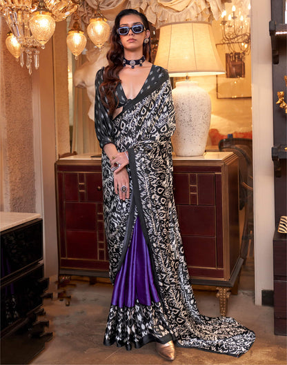 White Satin Ikkat Printed Saree