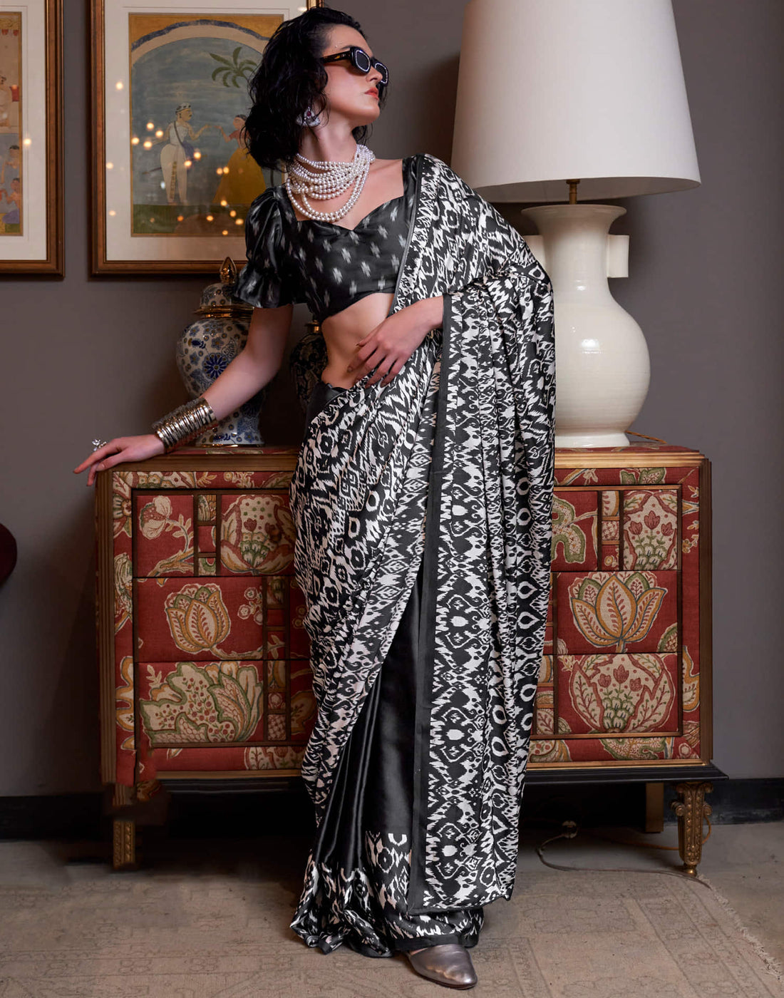 White Satin Ikkat Printed Saree