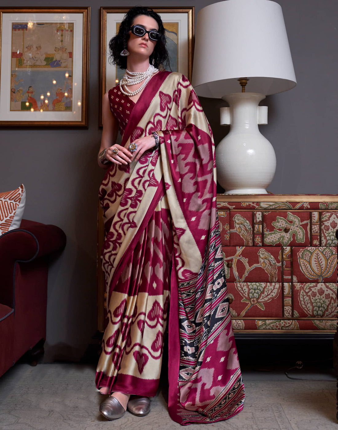 Maroon Satin Ikkat Printed Saree
