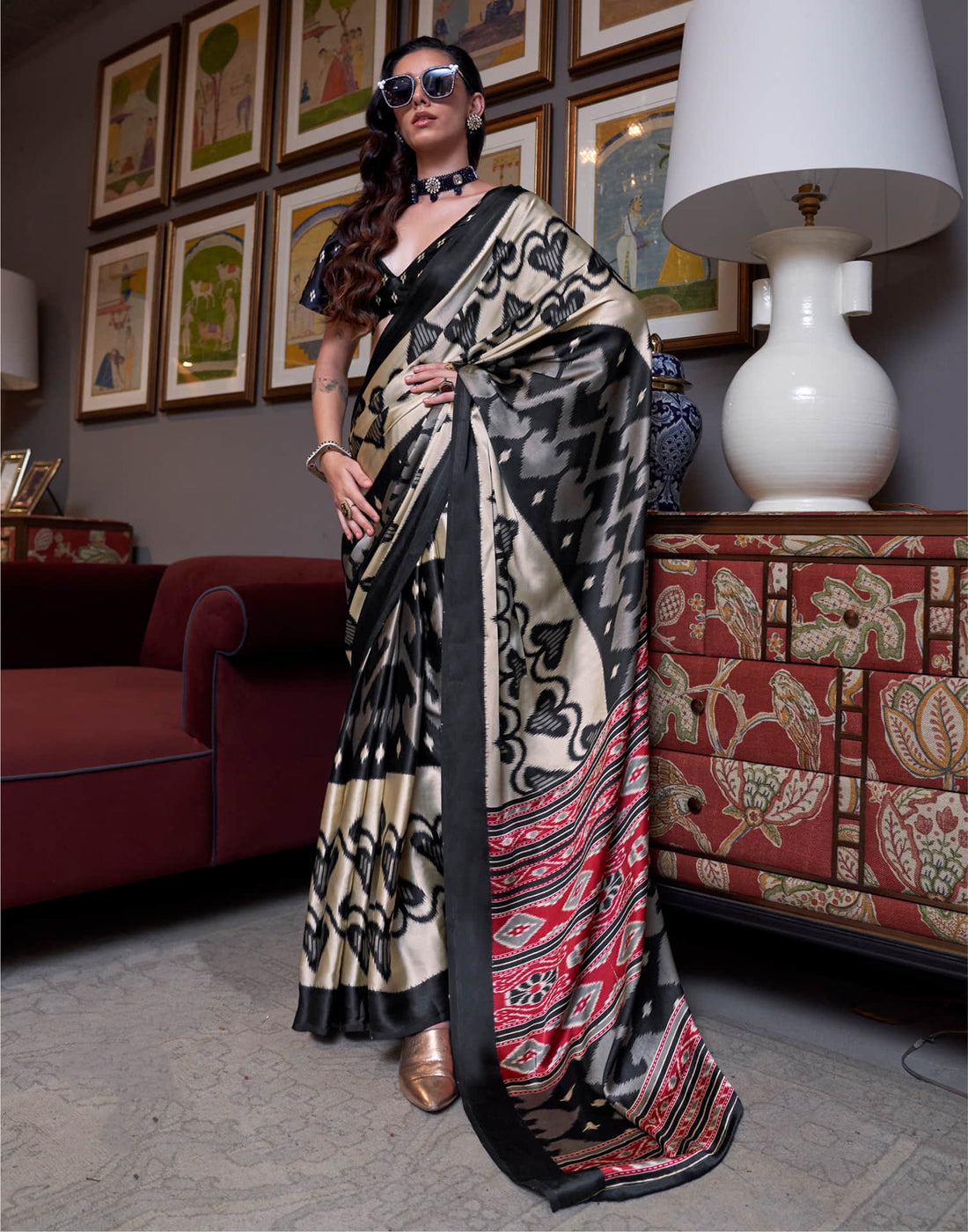 Black Satin Ikkat Printed Saree