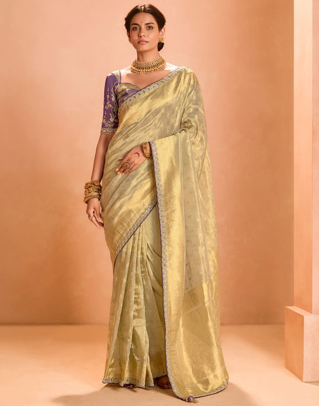 Beige Silk Weaving Kanjivaram Saree