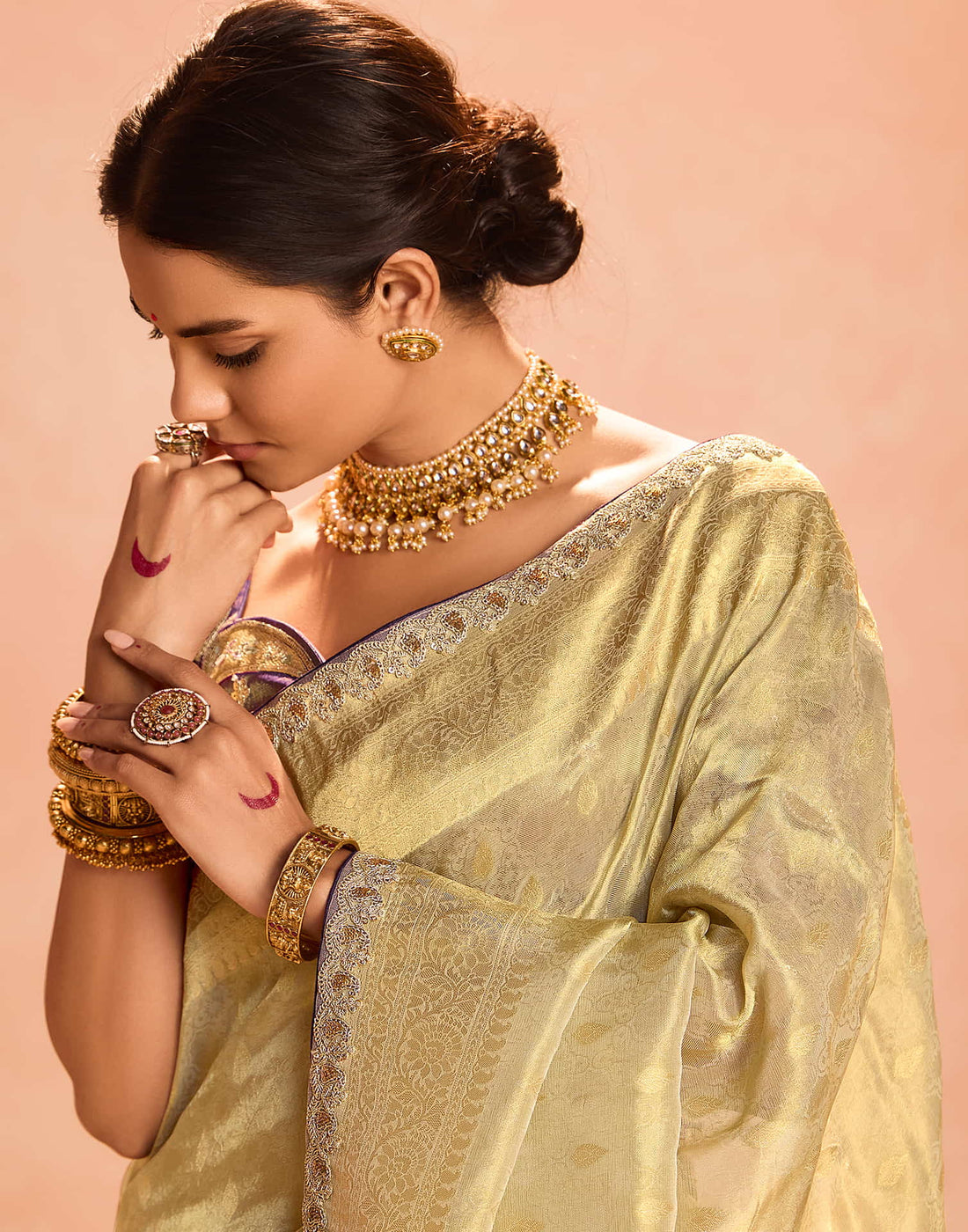 Beige Silk Weaving Kanjivaram Saree