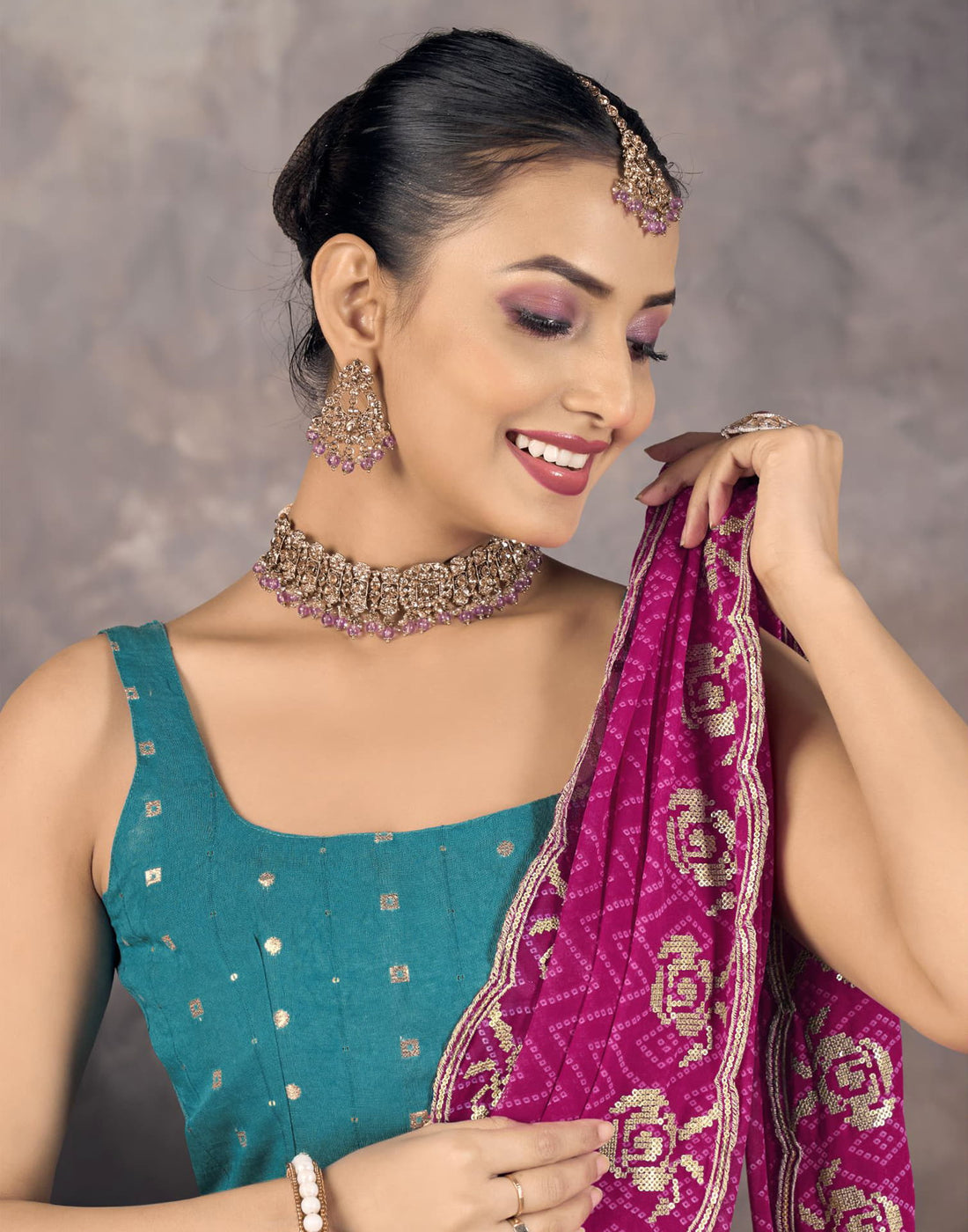 Rani Pink Georgette Printed Bandhani Saree