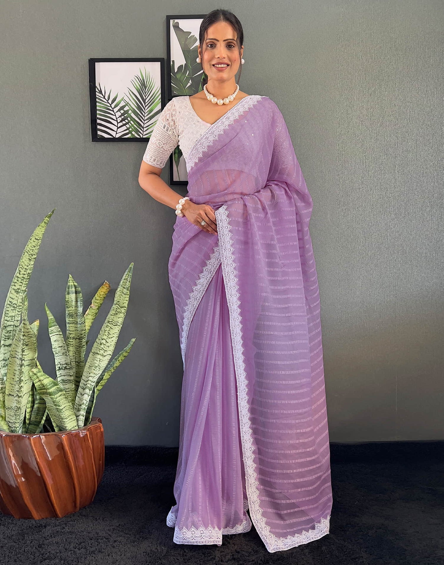 Light Purple Chiffon Lace Solid Saree