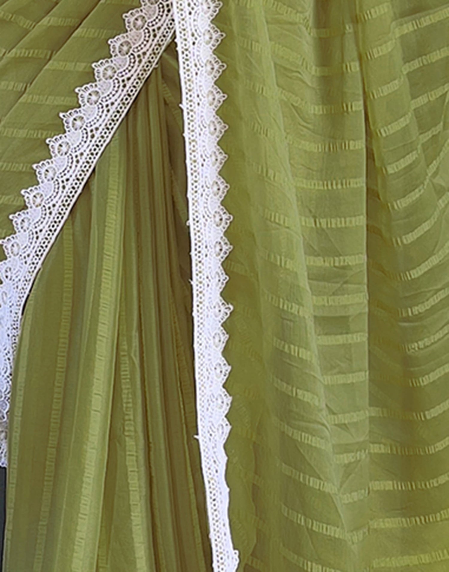 Olive Green Chiffon Lace Solid Saree