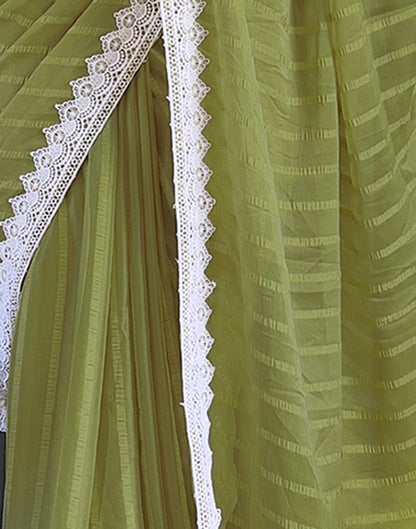 Olive Green Chiffon Lace Solid Saree