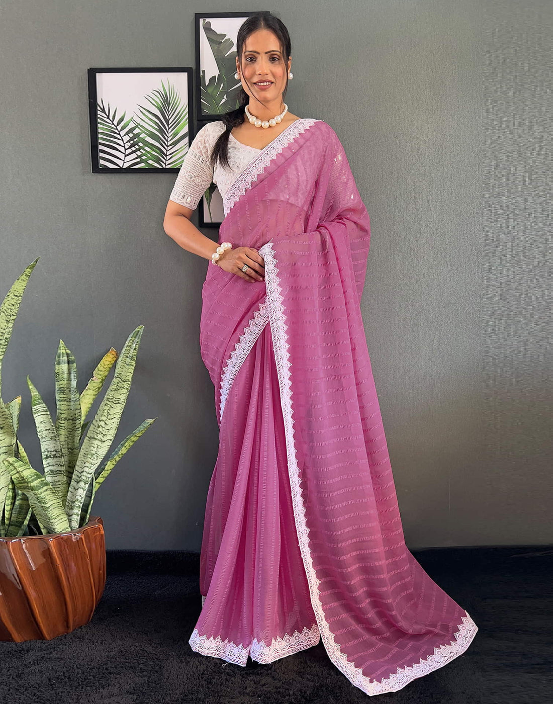 Pink Chiffon Lace Solid Saree