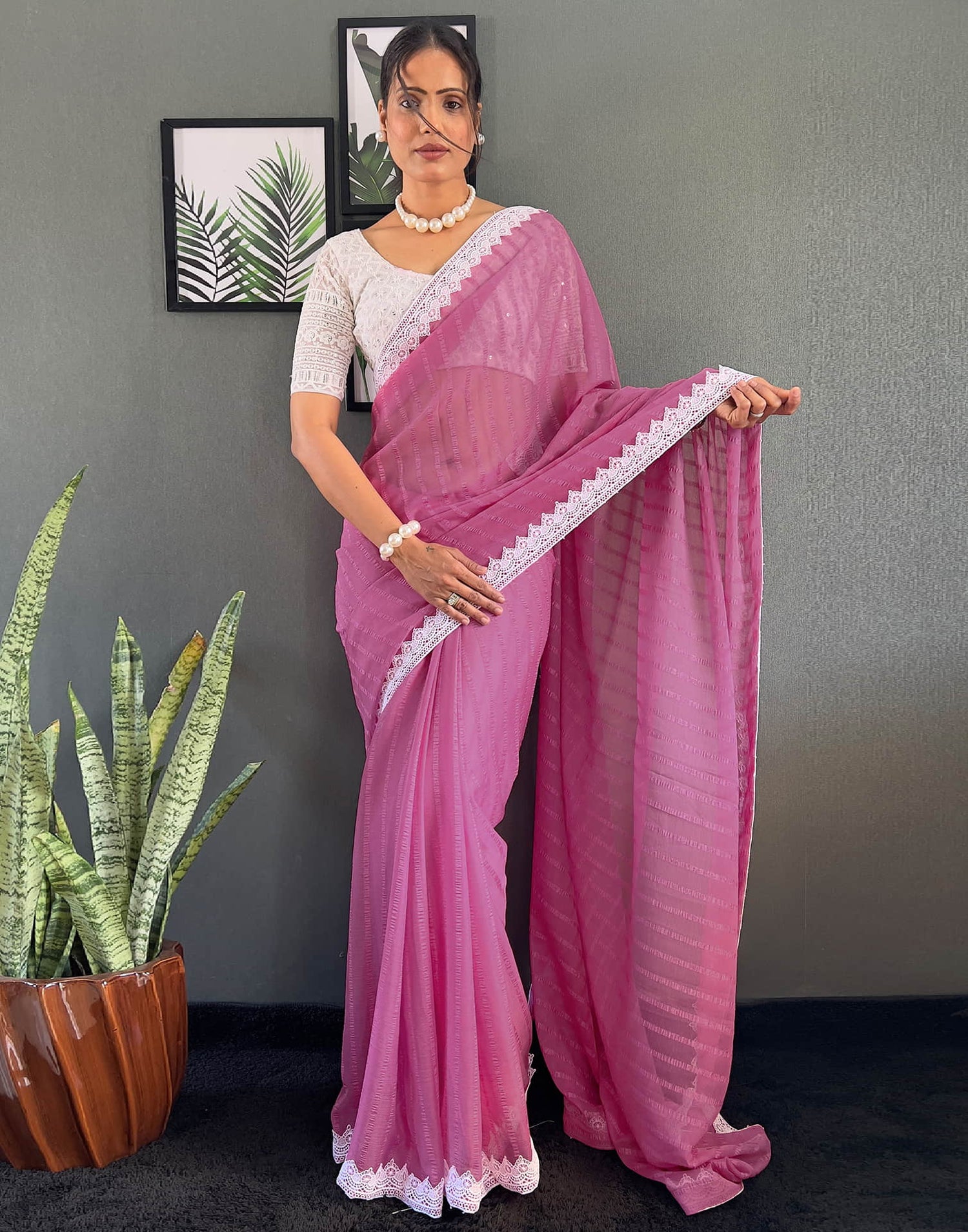 Pink Chiffon Lace Solid Saree