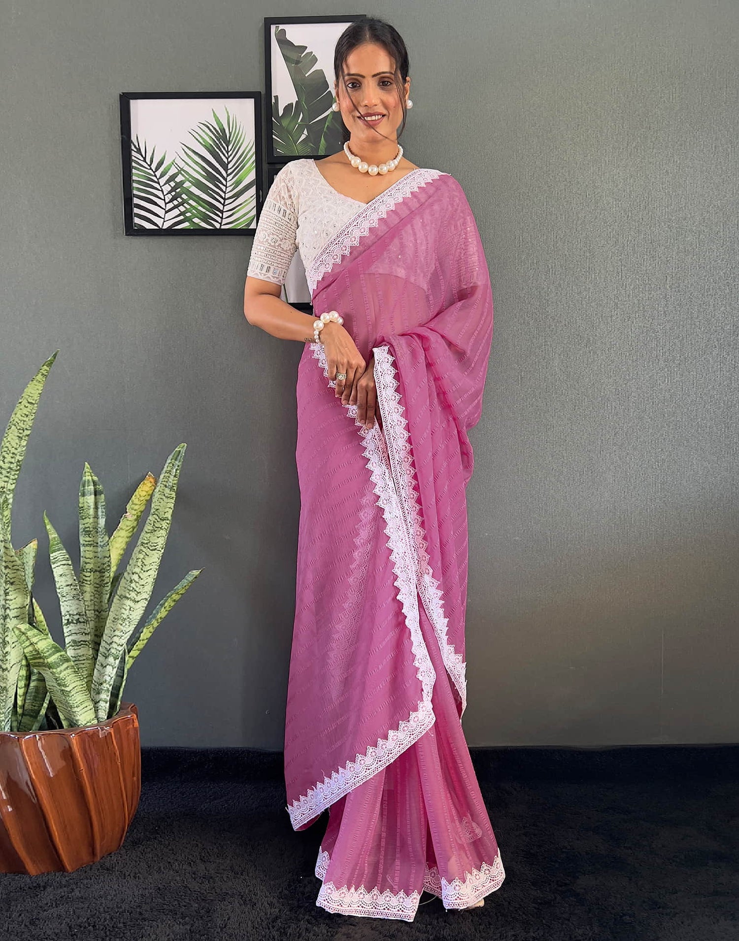 Pink Chiffon Lace Solid Saree