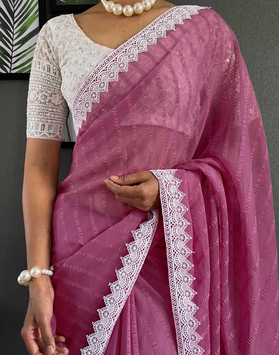 Pink Chiffon Lace Solid Saree