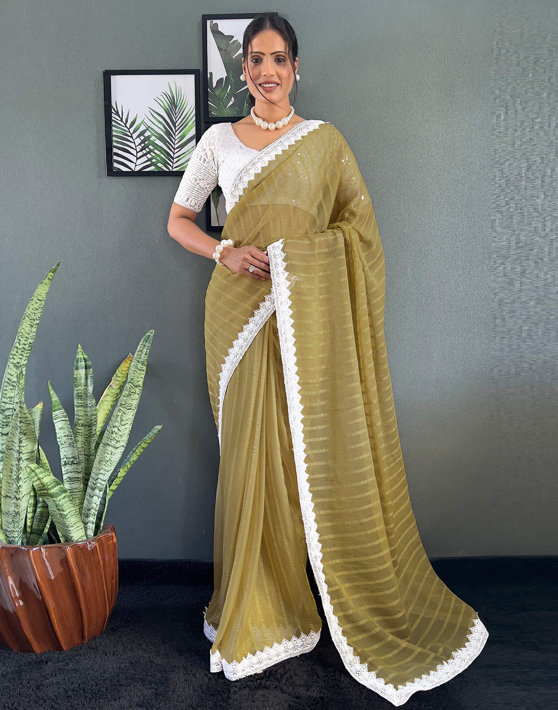 Mustard Yellow Chiffon Lace Solid Saree