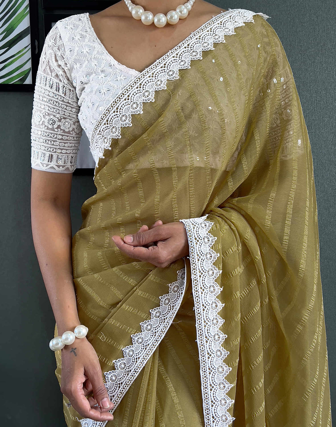 Mustard Yellow Chiffon Lace Solid Saree