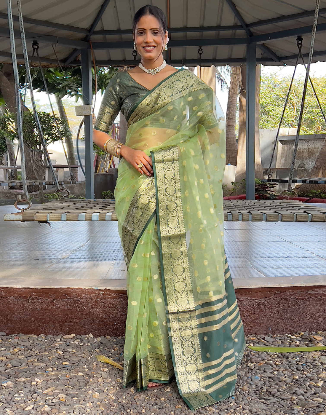 Pista Green Organza Weaving Saree