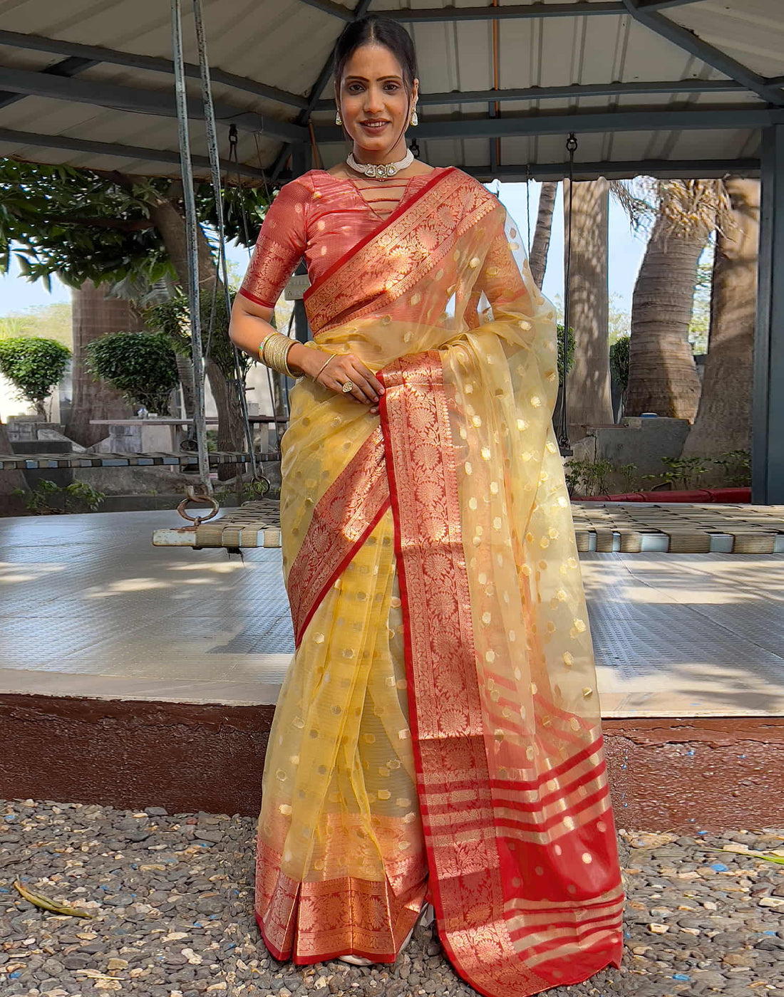 Light Yellow Organza Weaving Saree
