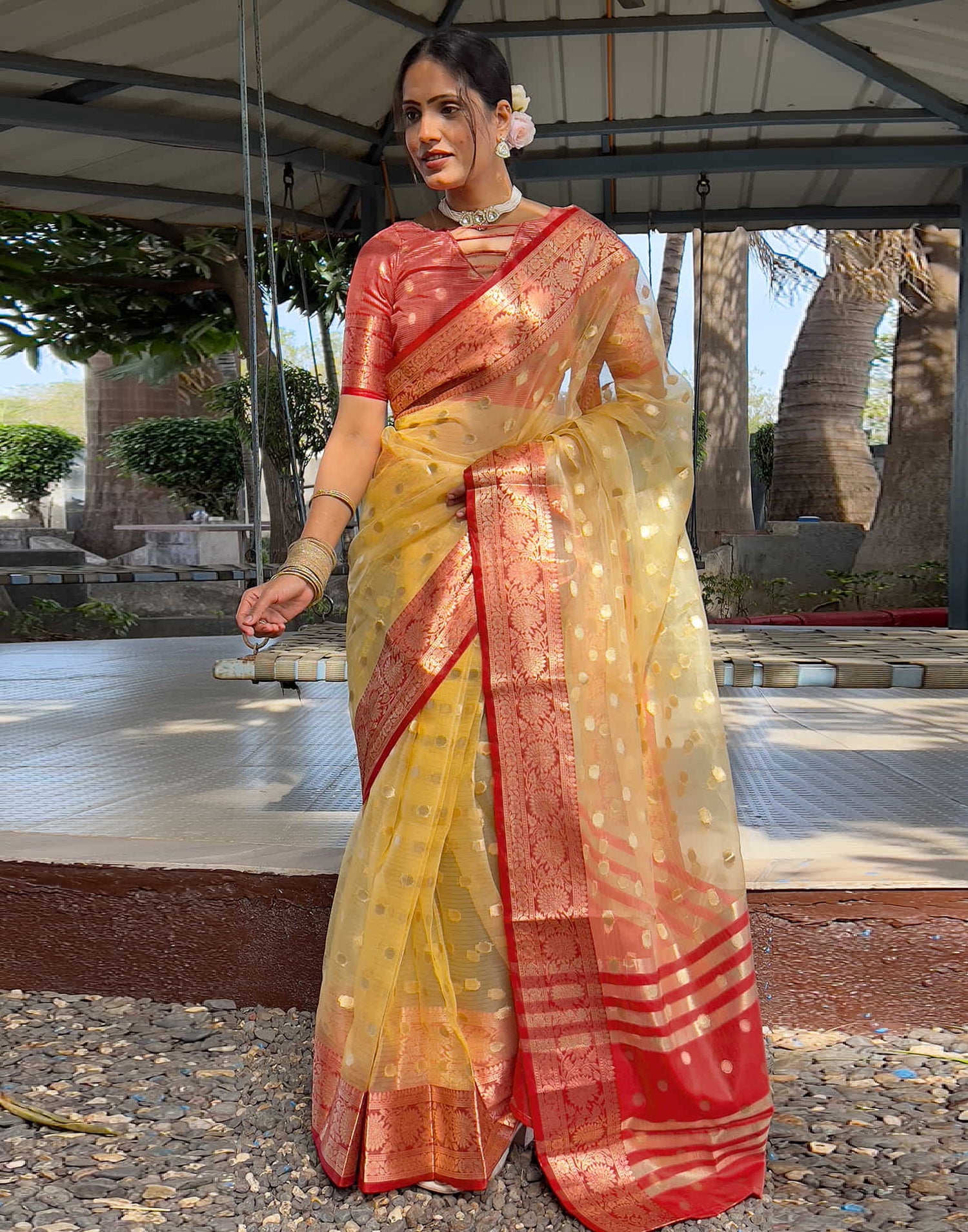 Light Yellow Organza Weaving Saree
