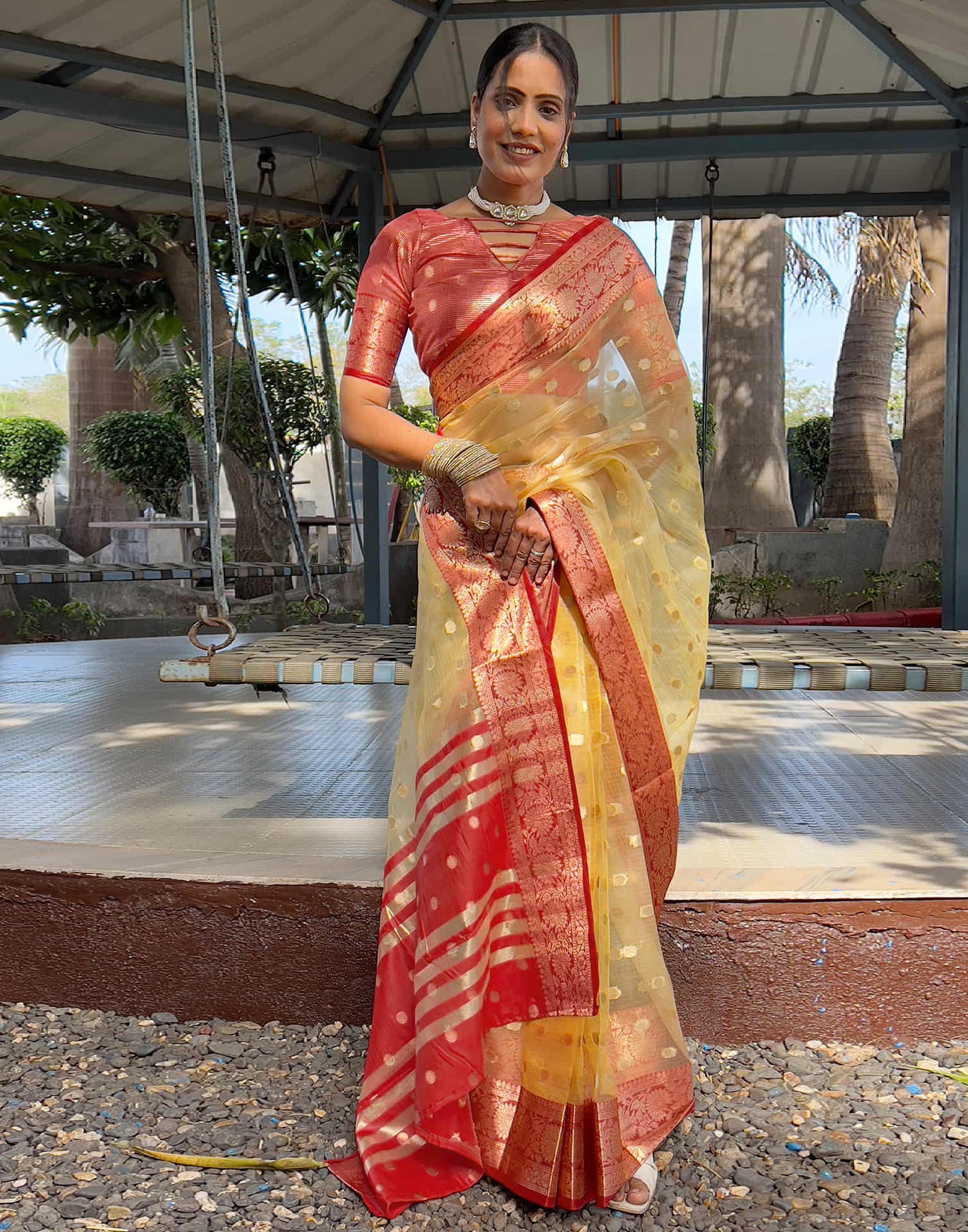 Light Yellow Organza Weaving Saree