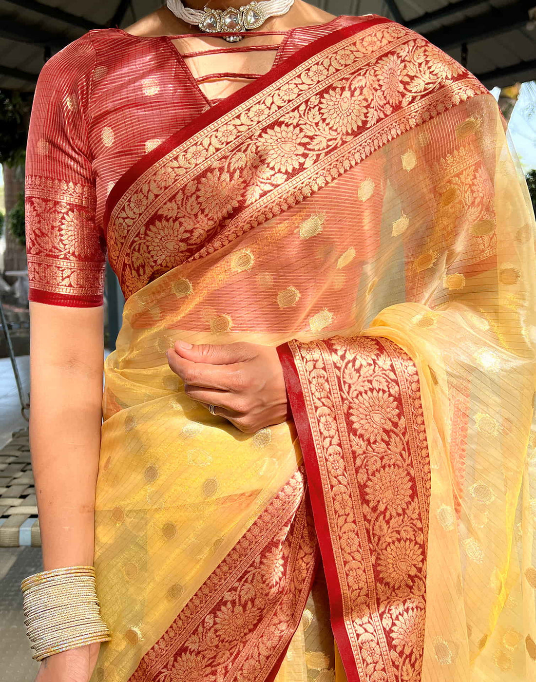Light Yellow Organza Weaving Saree