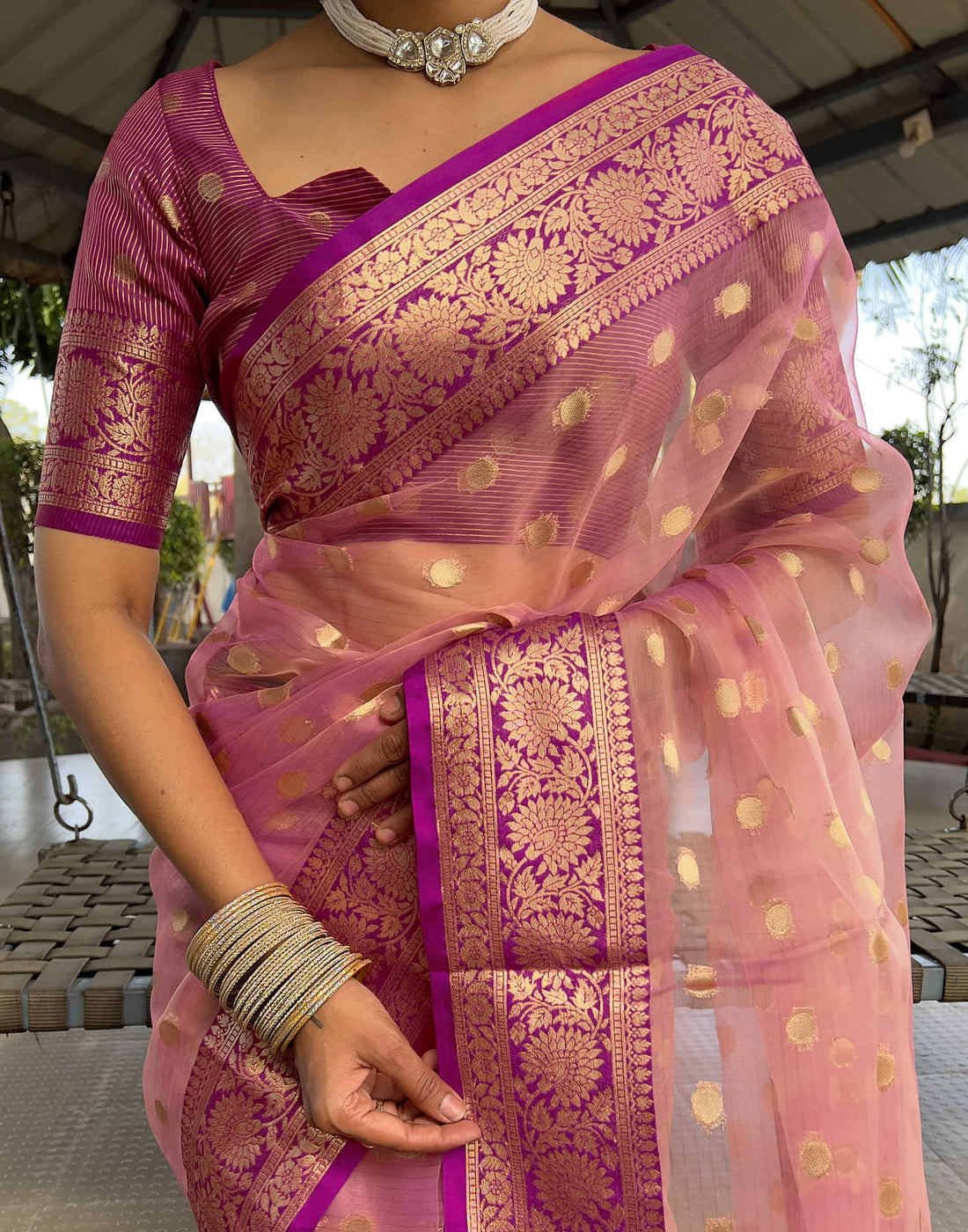 Pink Organza Weaving Saree