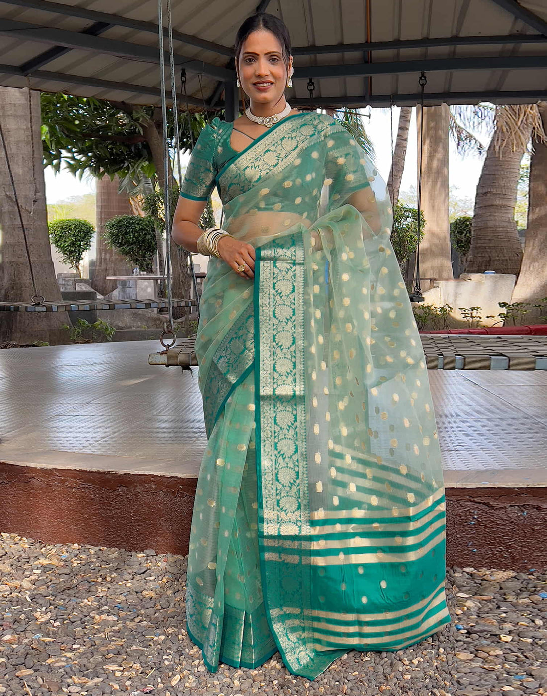Sea Green Organza Weaving Saree