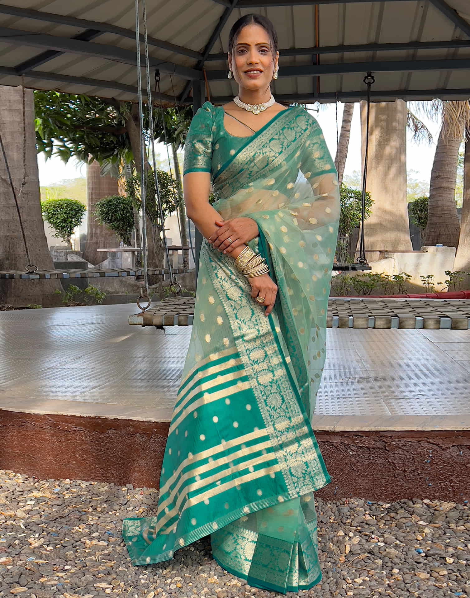 Sea Green Organza Weaving Saree