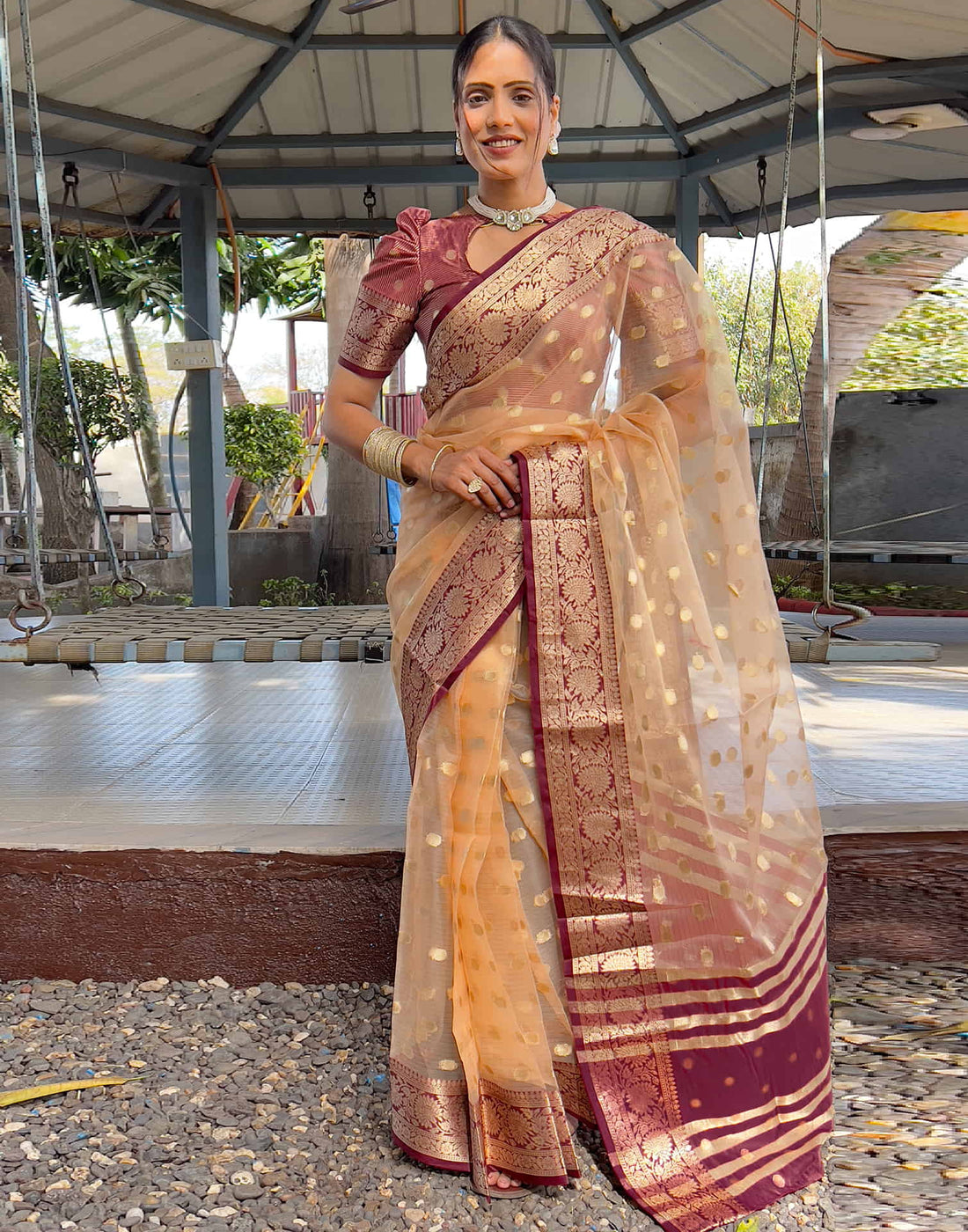 Light Brown Organza Weaving Saree