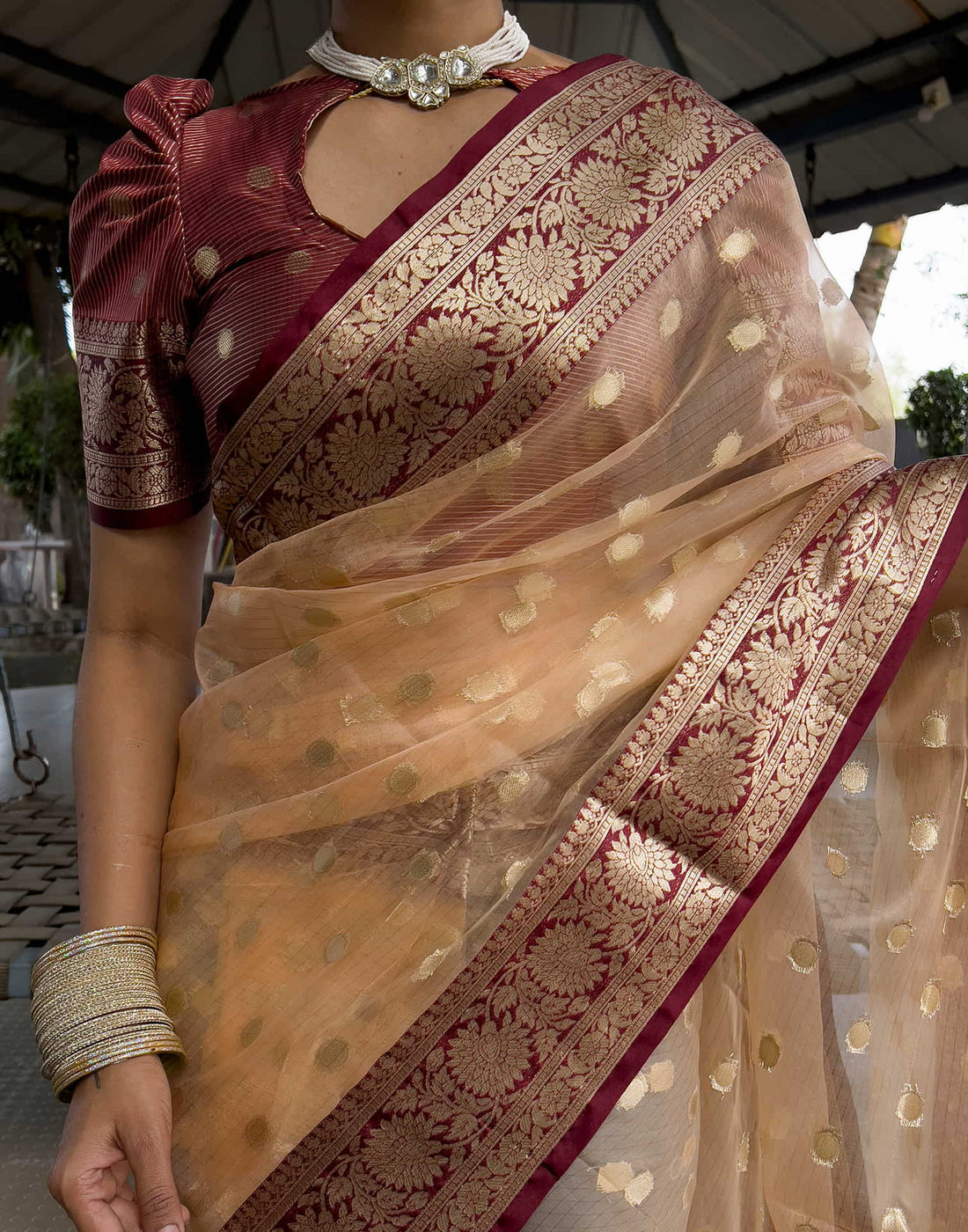 Light Brown Organza Weaving Saree