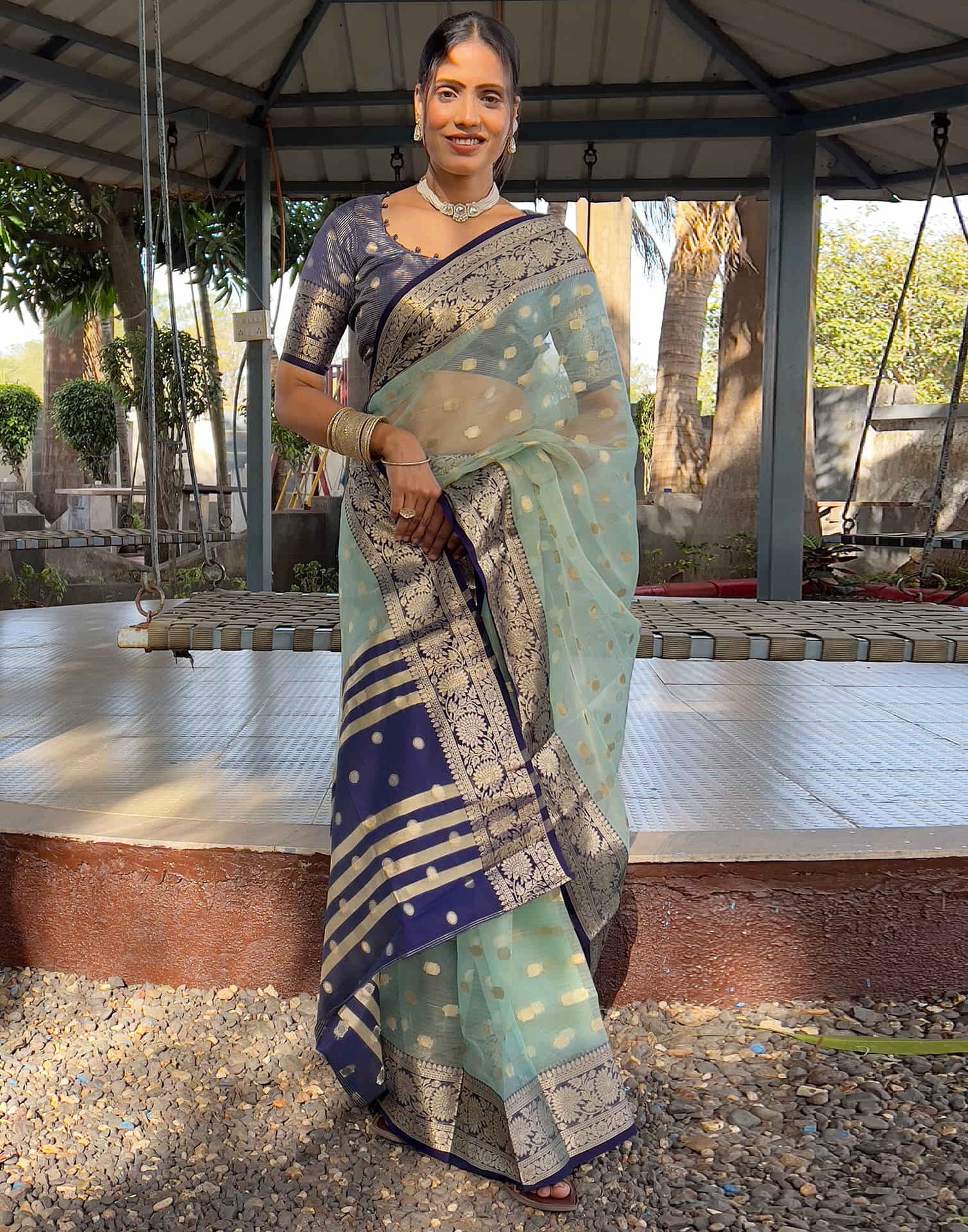 Sea Green Organza Weaving Saree