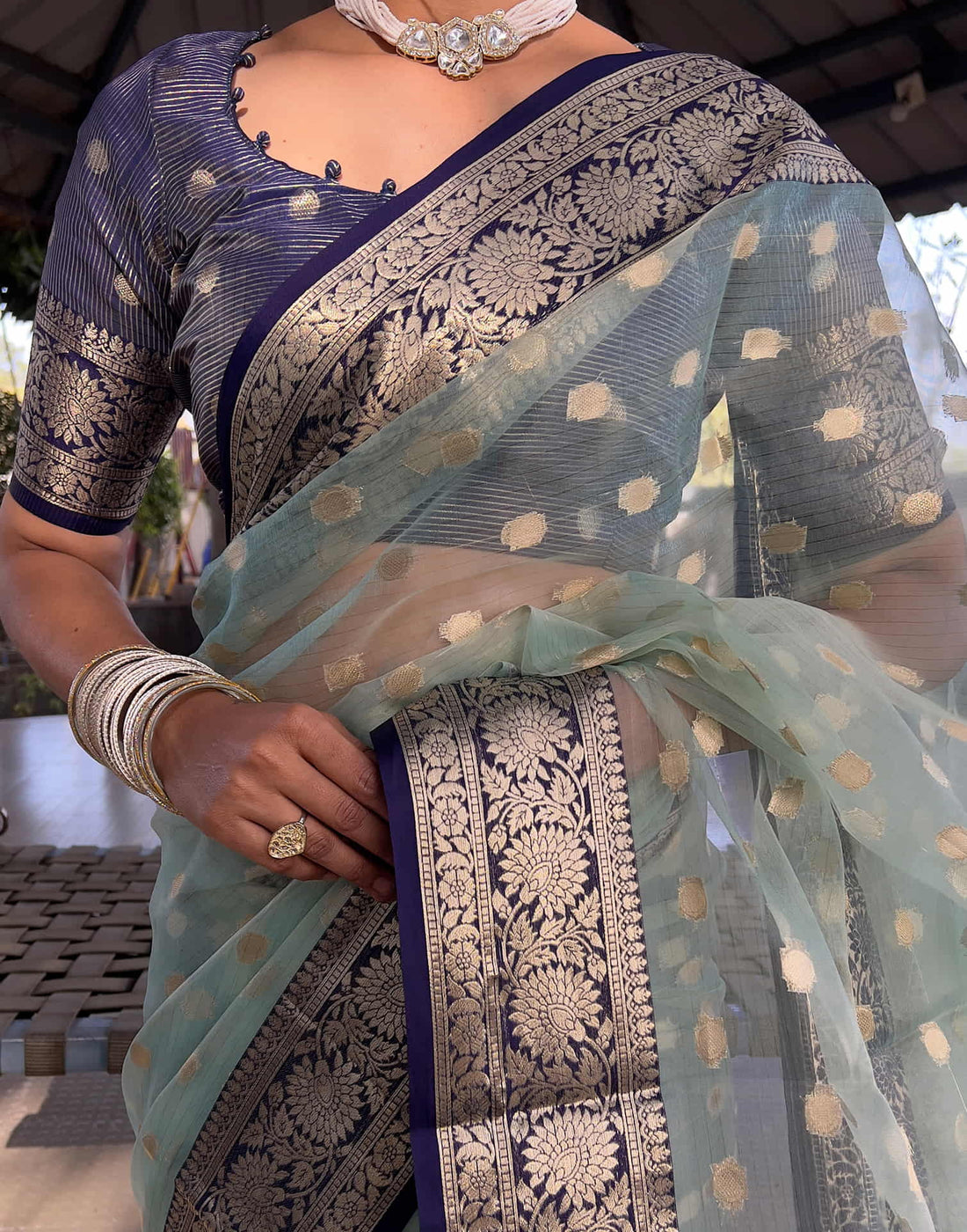 Sea Green Organza Weaving Saree