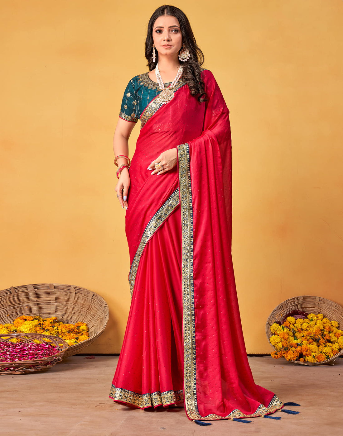 Dark Pink Silk Stone Work Embellished Saree