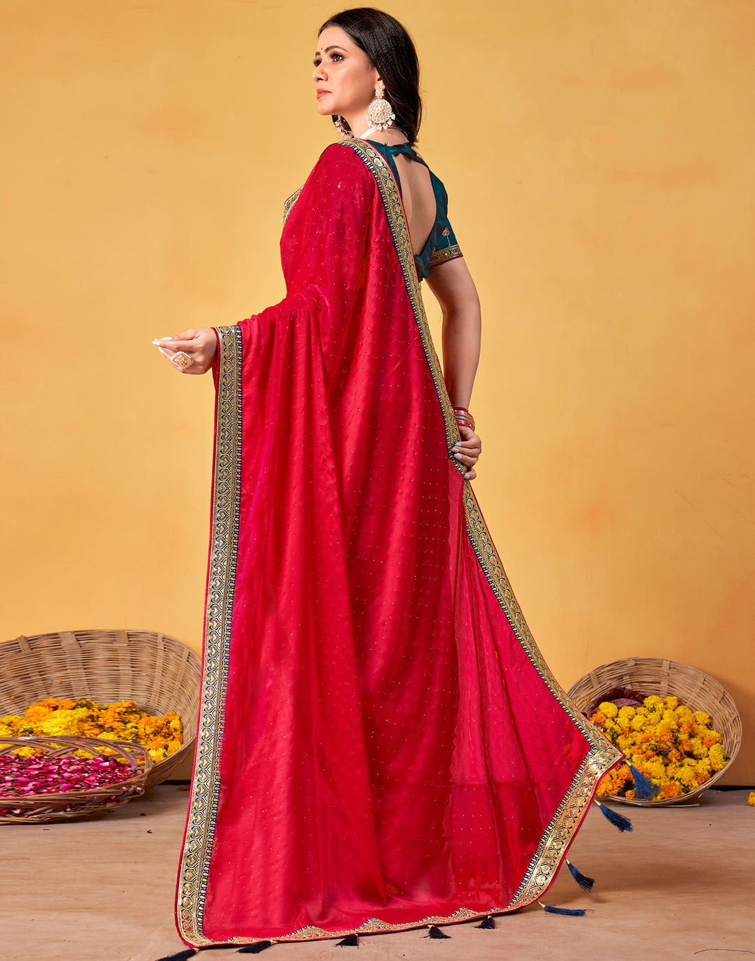 Dark Pink Silk Stone Work Embellished Saree